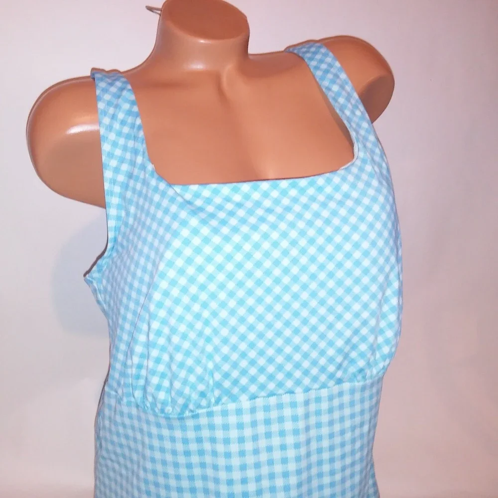 Lands End Swim Tankini Top Size 18W/L Blue Checkered Lightly Lined Underwire